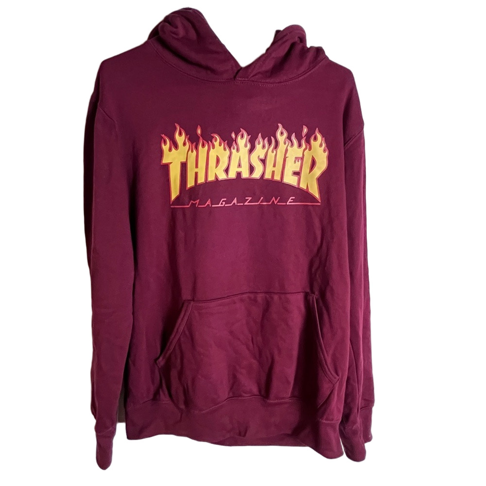 Thrasher Magazine Hoodie Mens Medium Burgundy Yellow Flame Logo Skate Streetwear